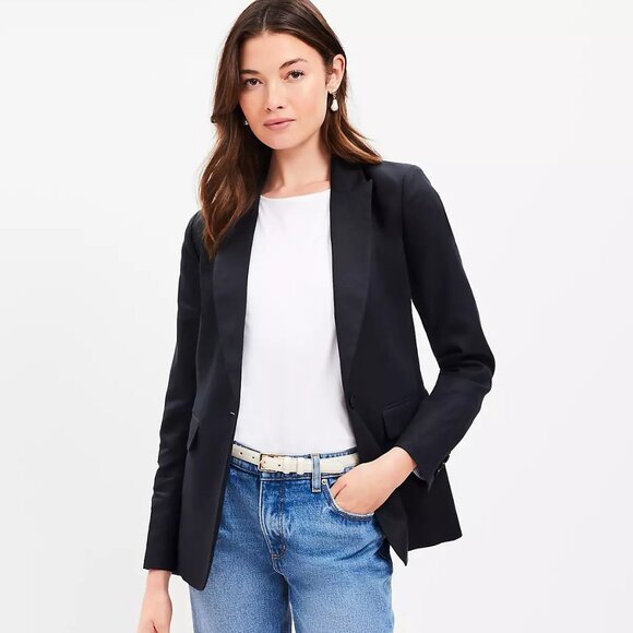 Loft Peak Lapel Modern Black Linen Blend Blazer - Picture 1 of 8
